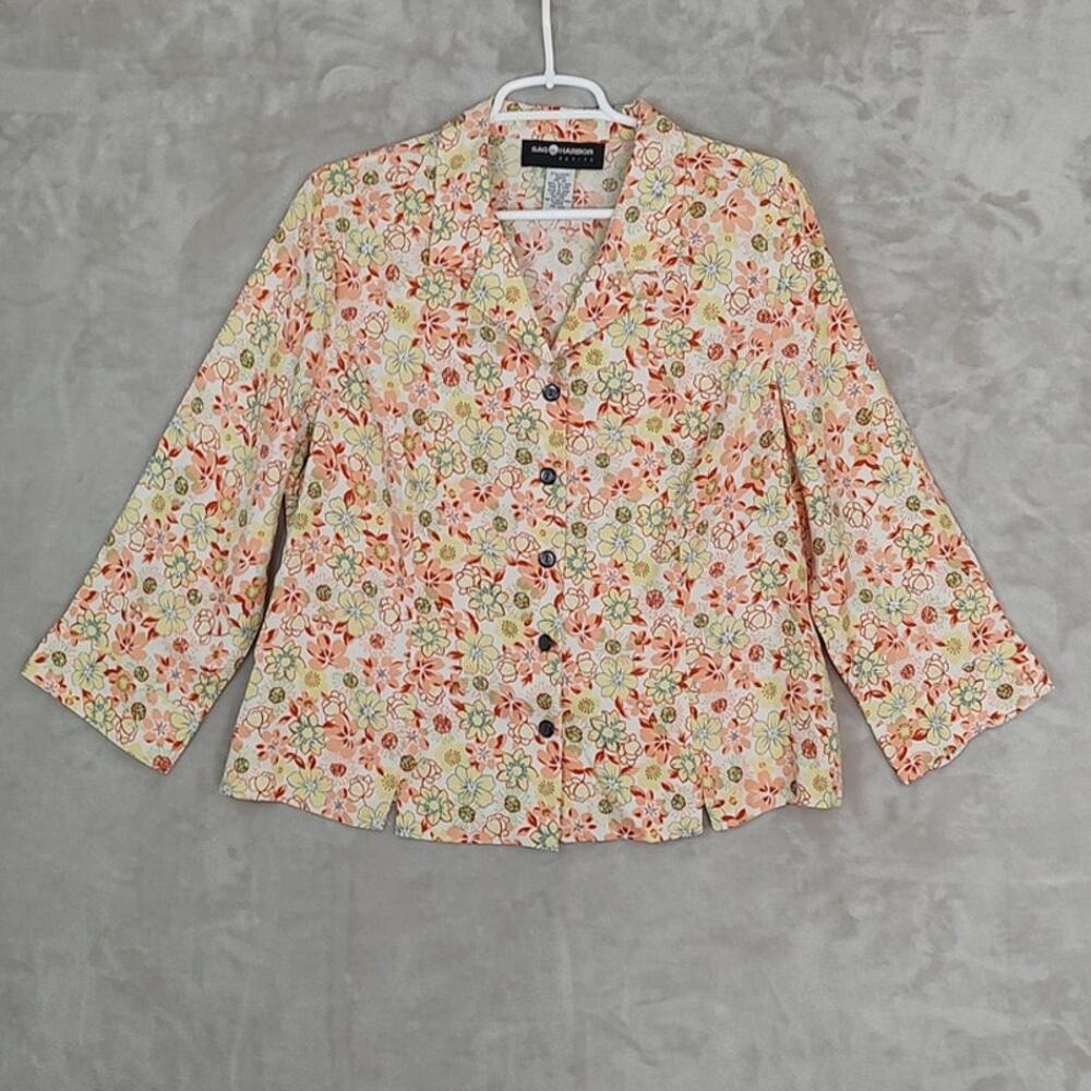 Vintage Sag Harbor 100% Silk Ditsy Floral Blazer Jacket Blouse Shirt Women's 14P